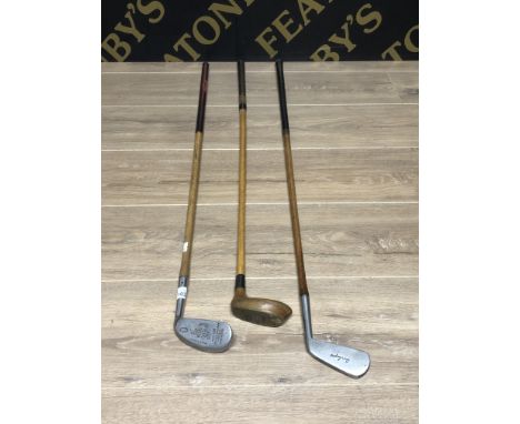 3 HICKORY SHAFT GOLF CLUBS INCLUDING ST ANDREWS MK VII H3426 BEN SAYERS 2 IRON AND "PITCHER" CYRIL FRYER