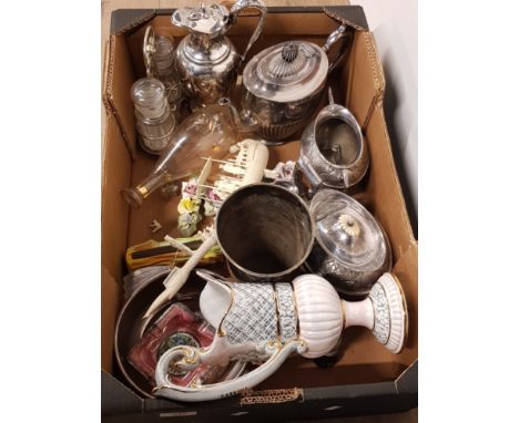 BOX OF MISCELLANEOUS CHINA AND SILVER PLATED PIECES INCLUDES SHEFFIELD TEAPOT AND MALING ASH TRAY ETC