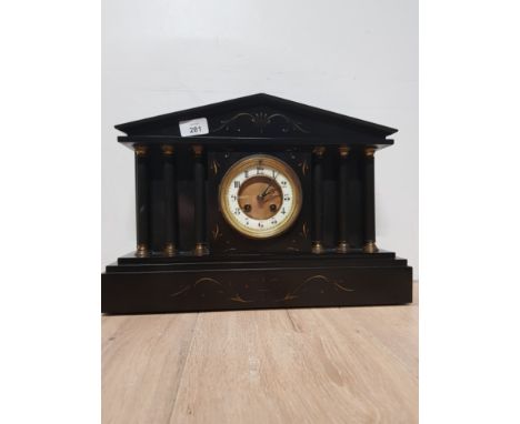 ANTIQUE BLACK SLATE MANTLE CLOCK WITH BRASS ENAMEL DIAL