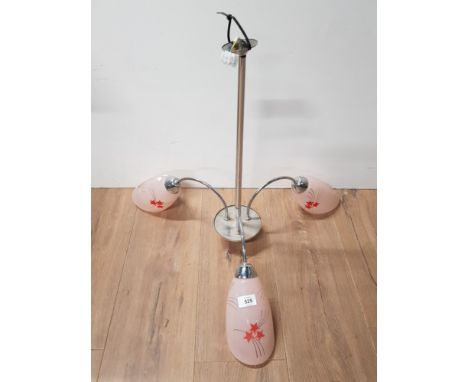 3 WAY CHROME EFFECT HANGING LIGHT FITTING WITH 3 PINK GLAS SHADES AND SHOOTING STAR DECOR