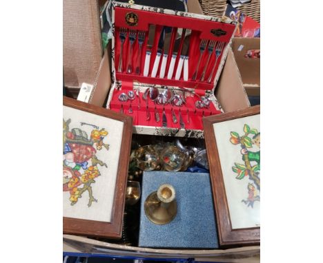 2 GERMAN HUMMEL FRAMED TAPESTRIES TOGETHER WITH FIRTH STAINLESS STEEL CANTEEN OF CUTLERY GERMAN DRINKING GLASSES ETC