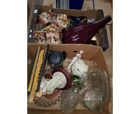 2 BOXES OF ASSORTED WARE INC DECANTER WITH STOPPER CAKE STAND FRAMED ITEMS ETC