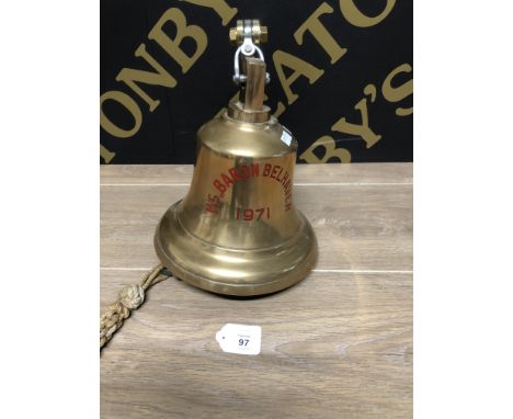 HEAVY CAST BRASS SHIPS BELL NORTH SHIELDS BARON BELHAVEN 1971 8.5 INCHES IN DIAMETER COMPLETE WITH BRASS BRACKET &amp; SHIPS 