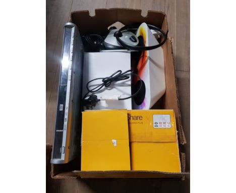 A BOX CONTAINING KODAK EASY SHARE DVD PLAYERS SPEAKER ETC