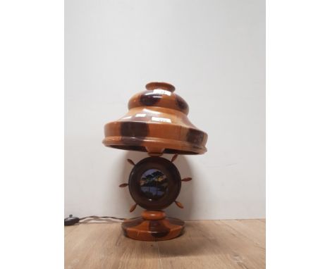WOODEN SHIPS WHEEL BASED TABLE LAMP WITH MOTHER OF PEARL CENTRE