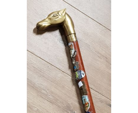 BRASS HANDLED HORSES HEAD COLLAPSIBLE WALKING STICK WITH CRESTED DECORATION