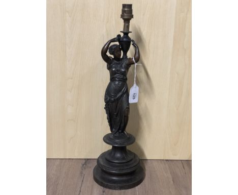 GRECIAN BRONZED METAL FIGURINE LAMP OF A MAIDEN CARRYING AN URN 45CM HIGH