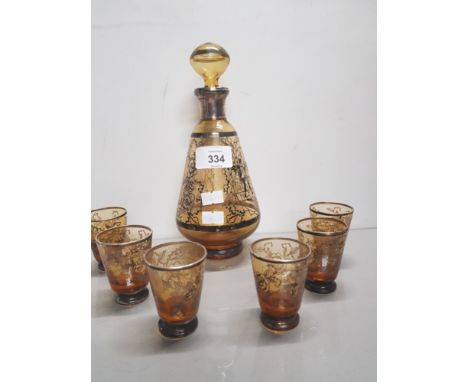 CORDIAL DECANTER TOGETHER WITH 6 MATCHING GLASSES WITH SCENES OF VENUS