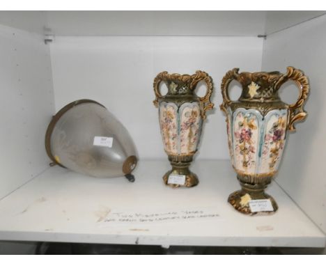 2 Majolica Vases and an Early 20thC Glass Lantern