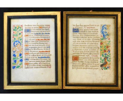 Two leaves from a medieval illuminated manuscript in Latin, several initials in brushed gold on red and blue squares, 22 line