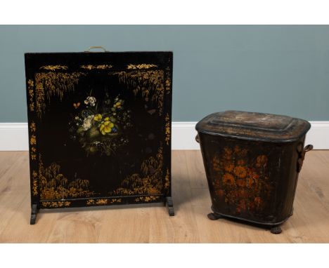 Fireside accoutrements The fire screen in black lacquer with hand-painted and gilt decoration, and the toleware coal bin with