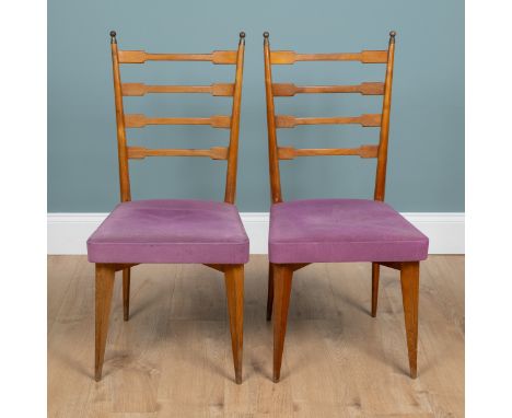 A pair of mid-20th-century Italian cherrywood ladder-back side chairs In the manner of Gio Ponti with unusual ladder-backs, b
