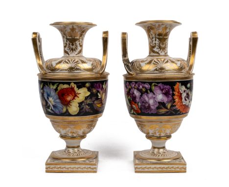 A pair of early 19th century Derby porcelain vases In the form of classical urns, with flaring rims, handles and decorated wi