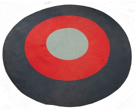 A pair of circular flat woven American style rugs The first in green, red and blue; the second in red, white and blue.183cm i