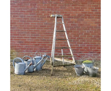 A fruit picking ladder Together with a collection of galvanized steel garden items, three watering cans, two pails, and a lid