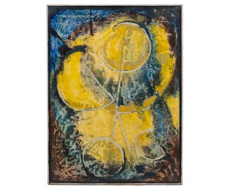 H. R. Portmann (20th Century French School) Abstract in blue and yellow, oil on board, initialled and dated to the lower righ