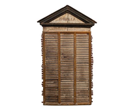 An 18th century Italian tabella from a nunnery in Paciano The board with an architectural cornice and with lists of names and