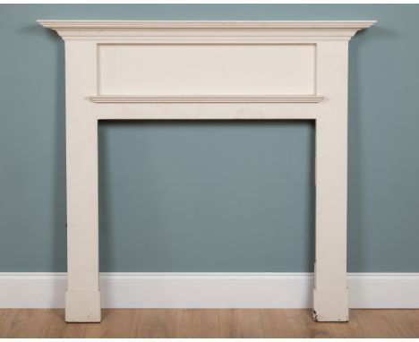 A white-painted wooden chimneypiece or fire surround Of simple form.144cm wide x 18.5cm deep x 131.5cm high. The aperture 97c