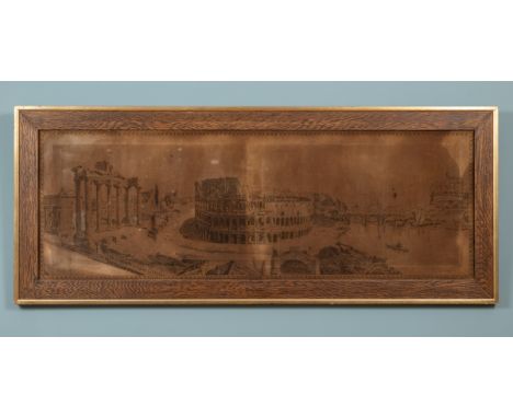 A decorative tapestry picture of Rome The machine-made tapestry in brown, stained material within an oak and parcel gilt fram