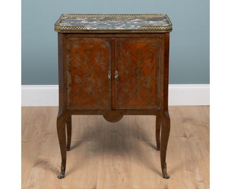 A late 19th century French side cabinet With a pierced brass gallery around the marble top over two Kingwood-veneered, marque