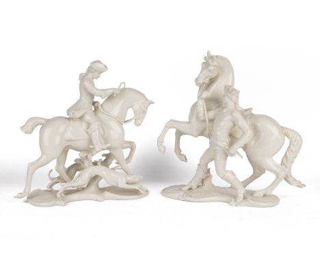 Two white-glazed Nymphenburg equestrian figures from the Red Hunt series by Theodor Kärner The first a hunter on horseback wi