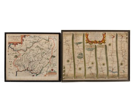 Two maps The first Wilhelmus Kip after Christophorus Saxton 'Caermardi', taken from an atlas together with John Ogilby, a con
