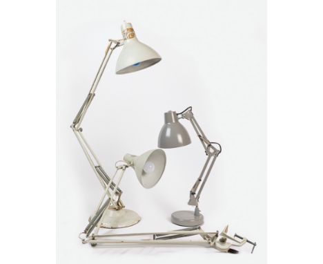 Two 1001 industrial style lamps Both grey-painted, one with a clamp base, one with a circular base; together with another.Qty