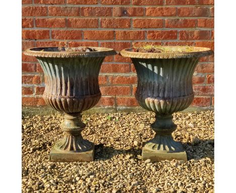 A pair of campana-style cast iron urns  With a blue painted surface.  46cmdiameter x 56cm high  Qty: 2  One with a notable lo