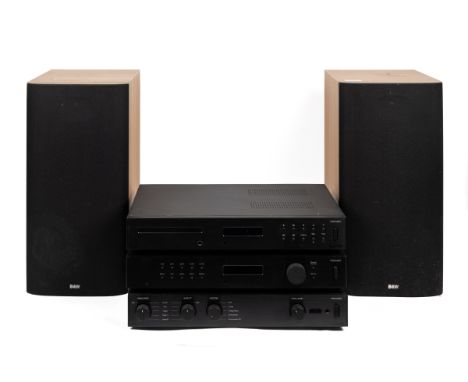 An Audiolab stereo with Bowers & Wilkins speakers. The Audiolab amplifier, CD player, and tuner from the 8200 series, the spe