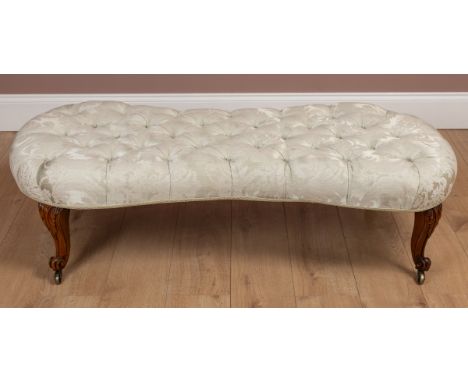 A mahogany framed footstool The shaped top with damask button upholstery, raised on cabriole legs with scrolling feet and bra