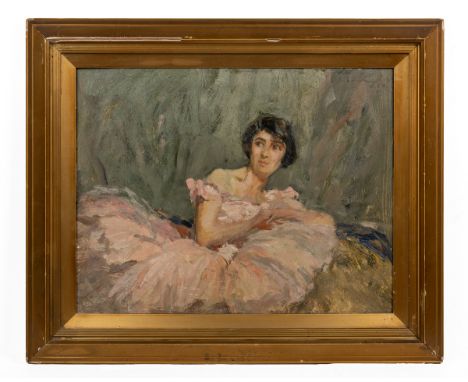 20th Century English school Portrait of a ballerina, oil on board, indistinctly signed and inscribed '**** RBA'.34.5cm x 44.5