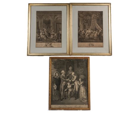 A group of three prints Two framed engravings presented as a pair: the first Nicolas De Launay (French 1739-1792) after Nicol