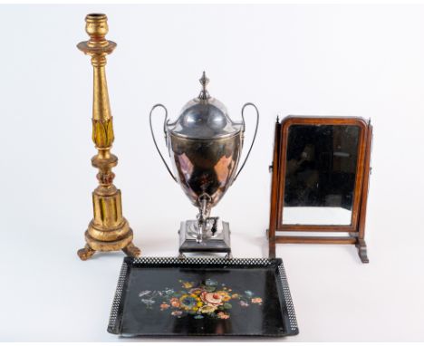 An assortment of various items The lot to include a Pontypool-type toleware tray with painted flower decoration and galleried