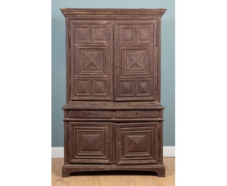 An 18th/19th century French painted buffet du corps The panelled doors to the upper section enclosing shelves, over two drawe