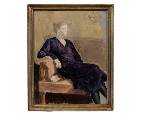 Franklin White (Australian 1892-1975) Portrait of a woman seated in a chair wearing a black dress, oil on board, signed upper