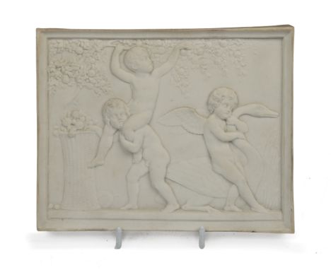 A decorative 19th century Bing & Grondahl Copenhagen bisque porcelain plaque The plaque decorated with three putti and a swan