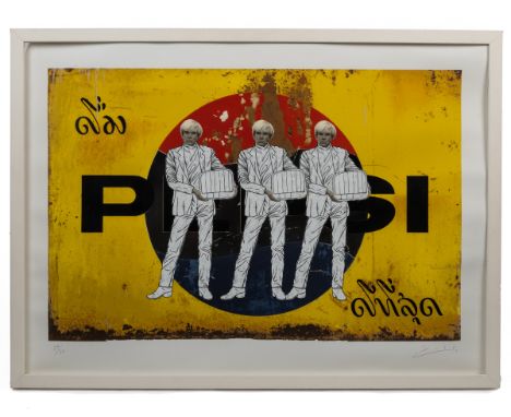 Pakpoom Silaphan CV (Thai 1972-) Andy Warhol on a Pepsi sign, screenprint with silver leaf colours, numbered and signed to th