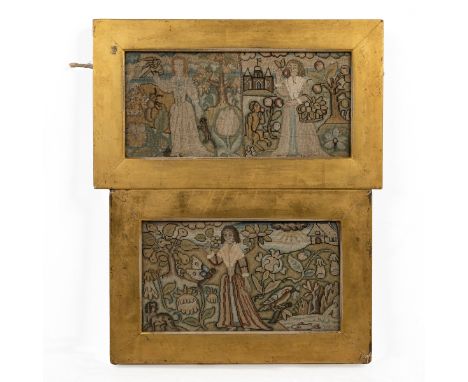 Two needlework panels c.1650-1655 The first a maiden in a bucolic landscape amongst animals; the second of a maiden picking f