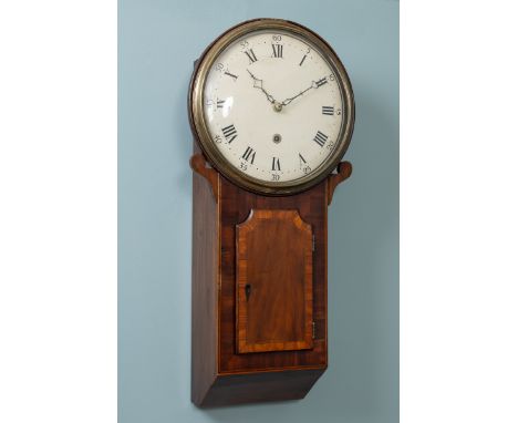 A George III mahogany cased tavern clock The mahogany case with crossbanded decoration, the enamel dial with Roman numerals, 