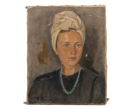 20th-century European School Woman in a head scarf and blue necklace, oil on canvas, signed lower left 'A. V. Falrin Du Faun'