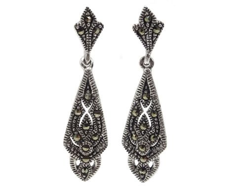 Pair of silver marcasite pendant stud earrings, stamped 925 Condition Report:Length = 35mm, good condition 