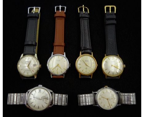 Six plated and stainless steel manual wind wristwatches including Baume, Oris, Wittnauer, Cimier, Uno and LevictaCondition Re