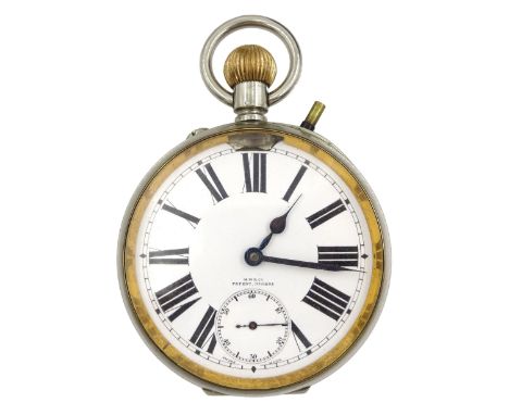 Early 20th century goliath keyless Swiss lever pocket watch by M M &amp; Co, patent No. 10292, white enamel dial with Roman n