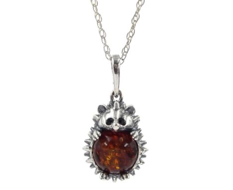 Silver amber hedgehog pendant necklace, stamped 925Condition Report:Chain length =  approx. 46cm, pendant length = approx. 26