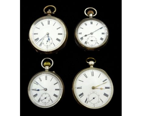 Four 19th/early 20th century silver lever pocket watches, one by Waltham, white enamel dials with Roman numerals and subsider