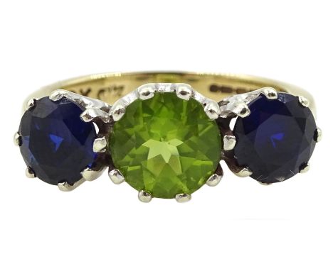 9ct gold three stone sapphire and peridot ring, hallmarked Condition Report:Approx 4.15gm, size K, one claw missing from one 