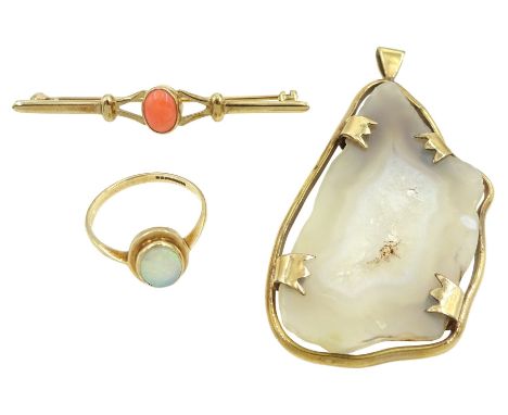 Gold single stone opal ring, gold coral bar brooch and gold quartz pendant, hallmarked or tested 9ct and boxed Condition Repo