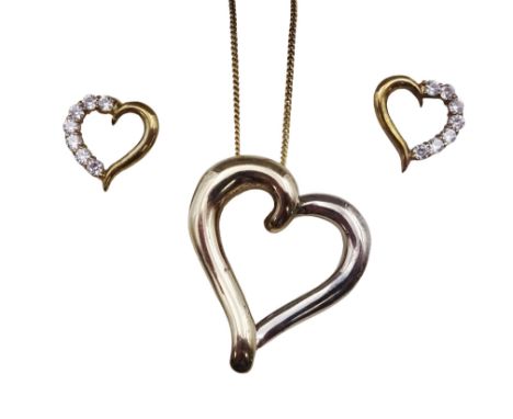 Pair of 9ct gold stone set heart stud earrings, stamped 9ct and a silver-gilt two tone heart pendant necklace, stamped 925 Co