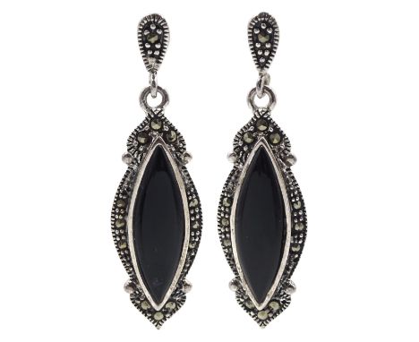 Pair of silver black onyx and marcasite pendant stud earrings, stamped 925 Condition Report:Length = 38mm, good condition