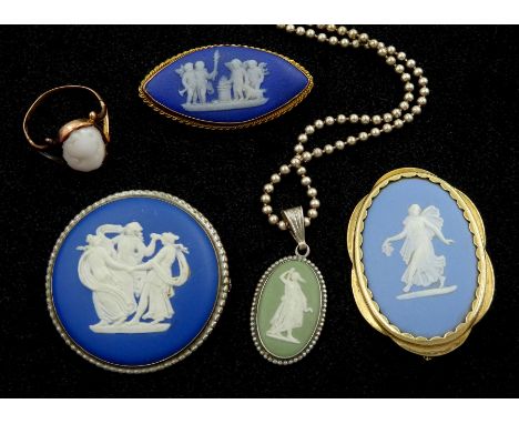 Wedgewood Jasperware jewellery including two 9ct gold brooches, silver brooch and pendant necklace and a 9ct gold cameo ringC